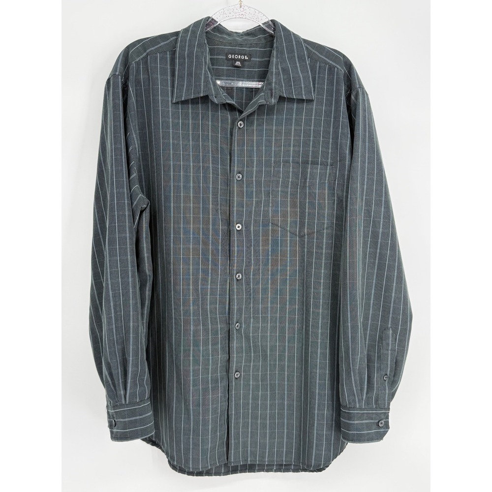 George Mens Long Sleeve Button Down Shirt Black Soot‎ Grid Check Sz XL